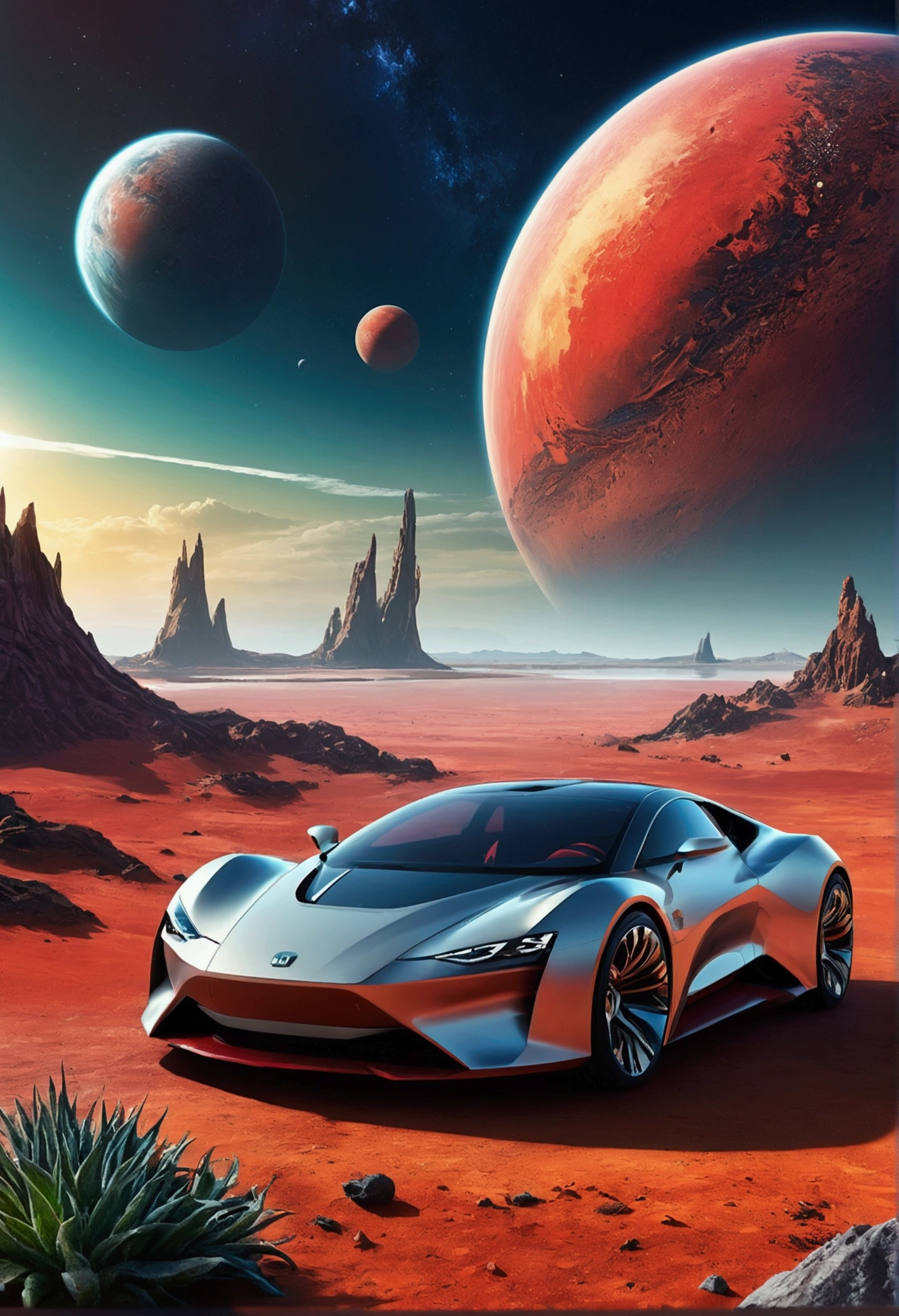 a space art Galactic Landscape, shoreline, sky with big red planet , conceptual artwork, vector, high qualiy, Viewing great details, engine unreal, octane rendering, Ultra high qualiy, ultra-high resolution, surreal, Color Correct, Good Lighting Settings, good composition, sharp edges, harmonious composition, ultra precise, master part, award-winning work, defined plants, perfect composition, well-defined circular planet, futuristic concept car in front of the landscape.