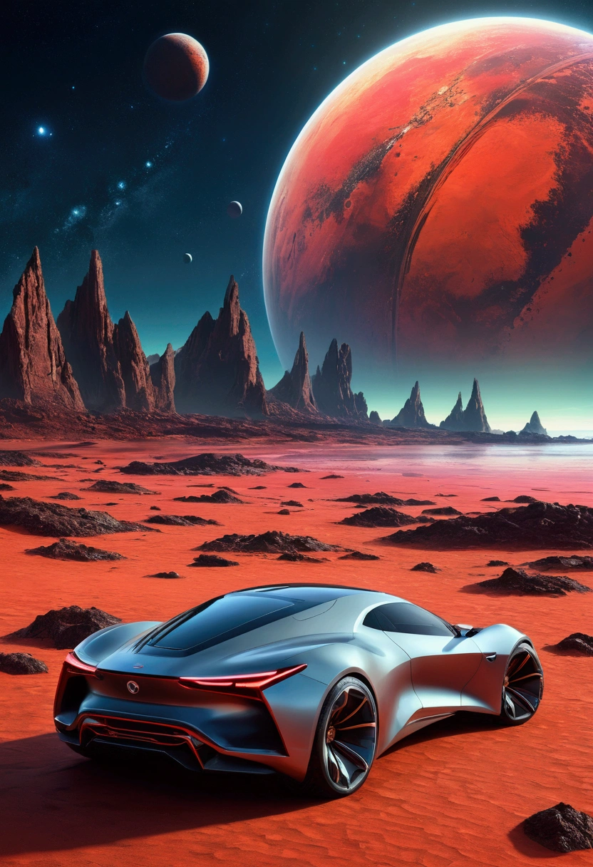 a space art Galactic Landscape, shoreline, sky with big red planet , conceptual artwork, vector, high qualiy, Viewing great details, engine unreal, octane rendering, Ultra high qualiy, ultra-high resolution, surreal, Color Correct, Good Lighting Settings, good composition, sharp edges, harmonious composition, ultra precise, master part, award-winning work, defined plants, perfect composition, well-defined circular planet, futuristic concept car in front of the landscape.