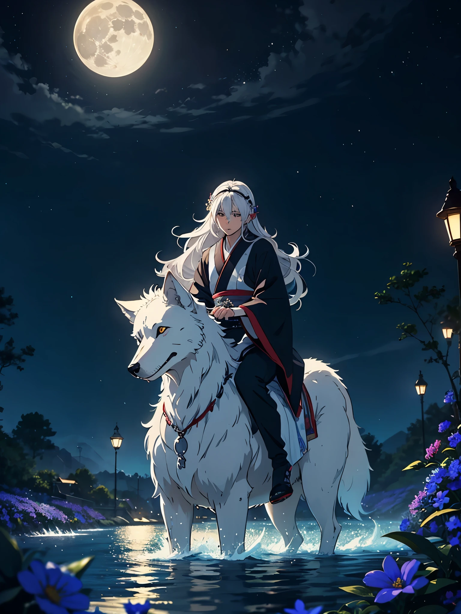 Riding a big wolf. Göttlich. Geweih auf dem Kopf. Kimono. Big Wolf. day lights. More anime. light blue light. Bright bright light. magical. Moon. Sitting on a big white wolf. Lightening flowers. More anime. male. Blue flowers. Long hair. long white hair. aquatic, boy, God of the Moon, silver hair accessories, White hair. 