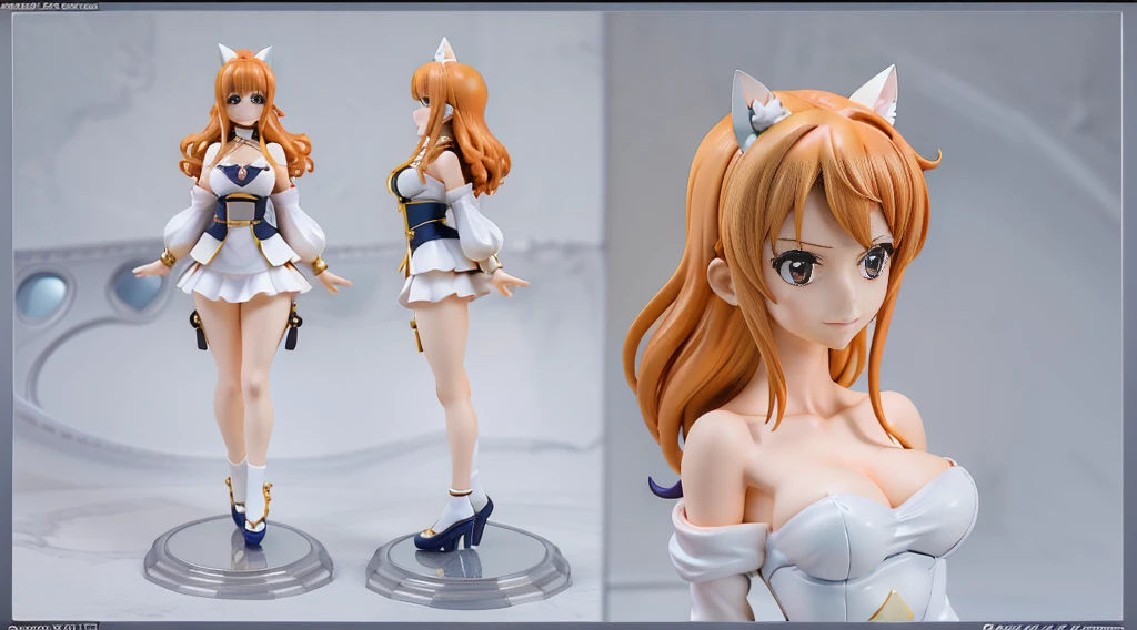 ((Best Quality)), ((Masterpiece)), (((detailed character sheet, frontal view, side view, three quarter view))) white background、one piece、whole body、whole bodyイラスト、whole bodyアニメーション、whole bodyリファレンスシート、Long Hair、Orange Hair、Heighten your head、smile、Cute face、Narrow waist、Long legs、Beautiful feet、9 heads body、beautiful lady、small head、3D