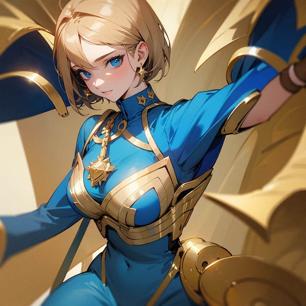 A woman in a blue outfit with gold details