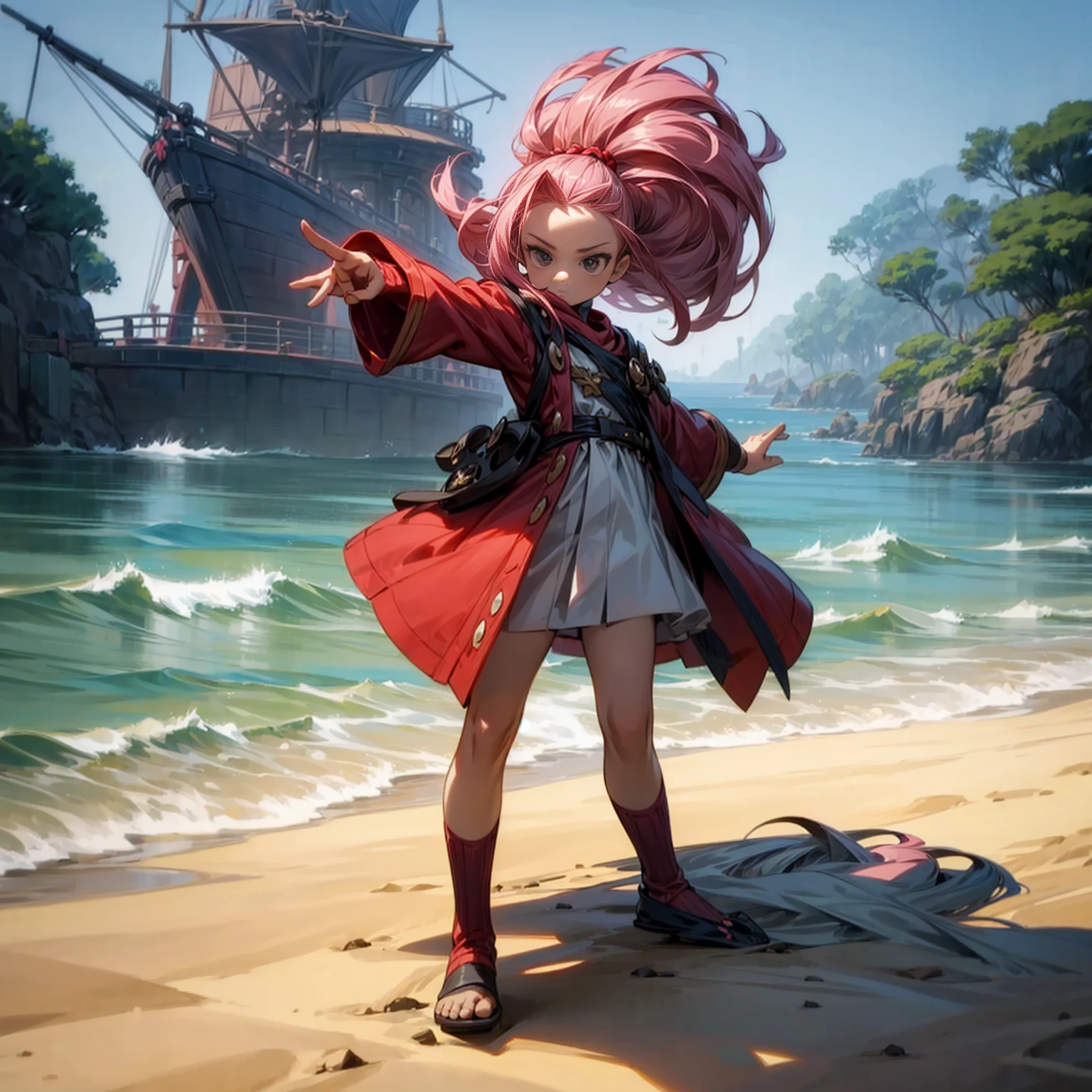 1childern girl, Full body version, 1character,  version, black eyes, long Curly haircut, pink colour hair, ancient pirate style clothing, red colour clothing, Grassroots, background in beach, motion blur, (pokemon style art), standing gesture,