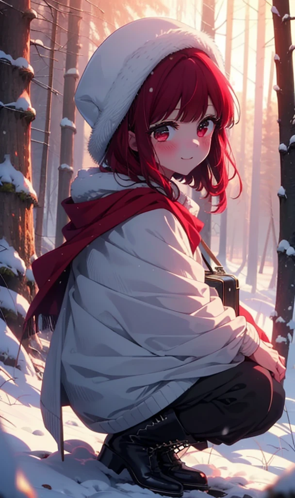 canary, Arima etc..., Long Hair,bangs, (Red eyes:1.3), Redhead, smile,Small breasts,ribbon,smile,blush,White Breath,
Open your mouth,snow,Ground bonfire, Outdoor, boots, snowing, From the side, wood, suitcase, Cape, Blurred, , forest, White handbag, nature, Squat, Mouth closed, Cape, winter, Written boundary depth, Black shoes, red Cape break looking at viewer, Upper Body, whole body, break Outdoor, forest, nature, break (masterpiece:1.2), Highest quality, High resolution, unity 8k wallpaper, (shape:0.8), (Beautiful and beautiful eyes:1.6), Highly detailed face, Perfect lighting, Highly detailed CG, (Perfect hands, Perfect Anatomy),