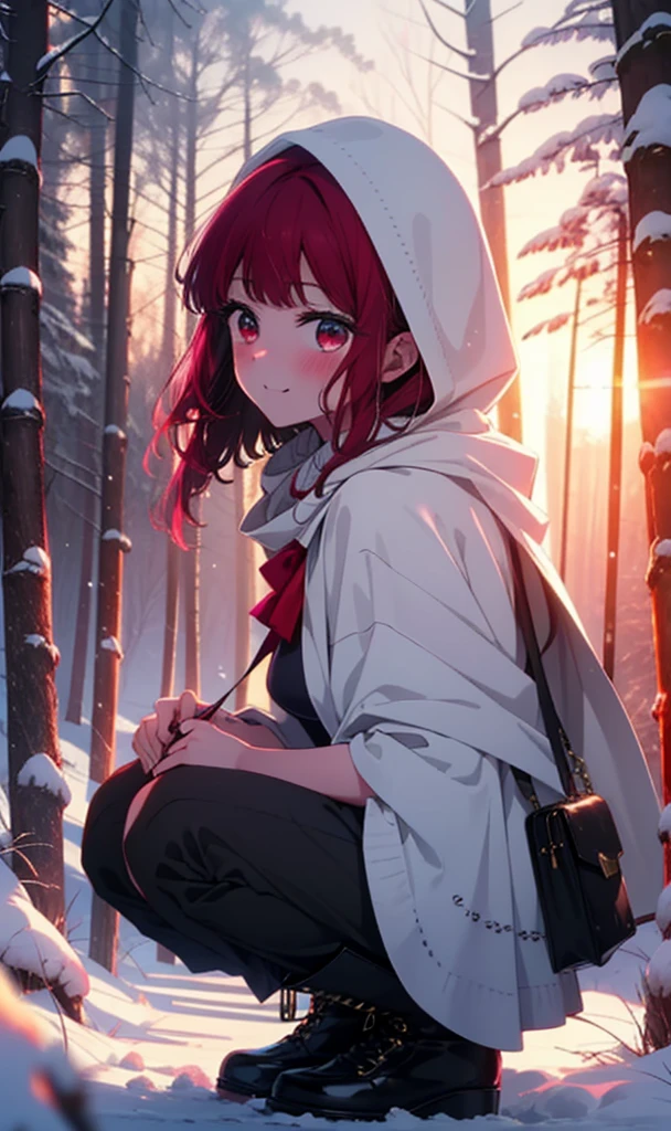 canary, Arima etc...,  Long Hair,bangs, (Red eyes:1.3), Redhead, smile,Small breasts,ribbon,smile,blush,White Breath,
Open your mouth,snow,Ground bonfire, Outdoor, boots, snowing, From the side, wood, suitcase, Cape, Blurred, , forest, White handbag, nature,  Squat, Mouth closed, Cape, winter, Written boundary depth, Black shoes, red Cape break looking at viewer, Upper Body, whole body, break Outdoor, forest, nature, break (masterpiece:1.2), Highest quality, High resolution, unity 8k wallpaper, (shape:0.8), (Beautiful and beautiful eyes:1.6), Highly detailed face, Perfect lighting, Highly detailed CG, (Perfect hands, Perfect Anatomy),
