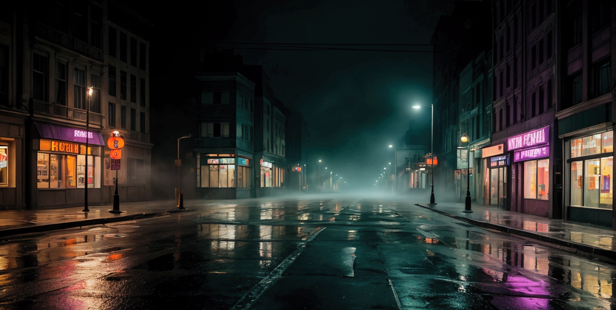 a desolate city street corner with flickering streetlights and empty storefronts, thick fog, wet street reflections, muted dark green, oranges and purples, foreboding mood, midnight