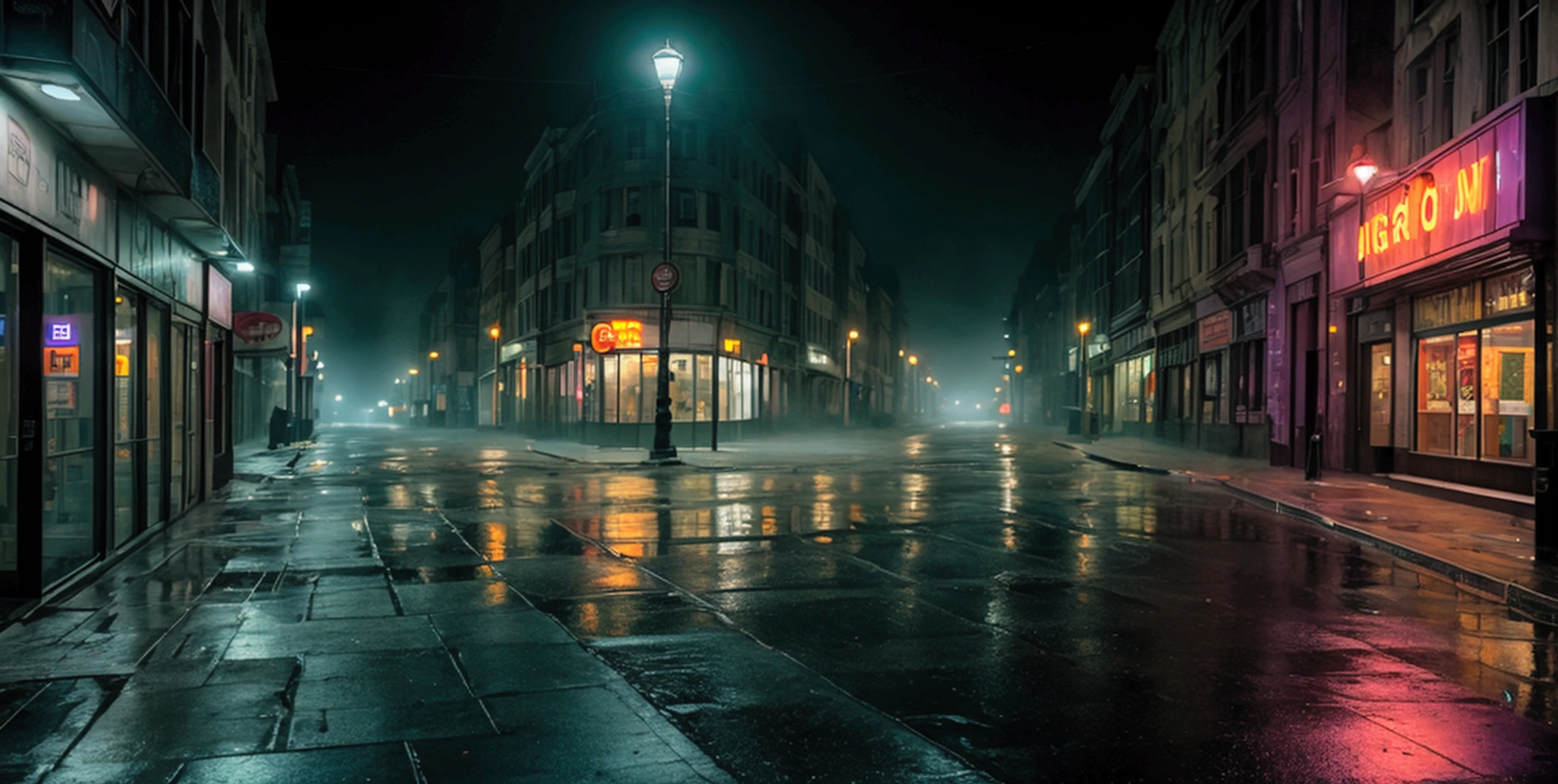 a desolate city street corner with flickering streetlights and empty storefronts, thick fog, wet street reflections, muted dark green, oranges and purples, foreboding mood, midnight