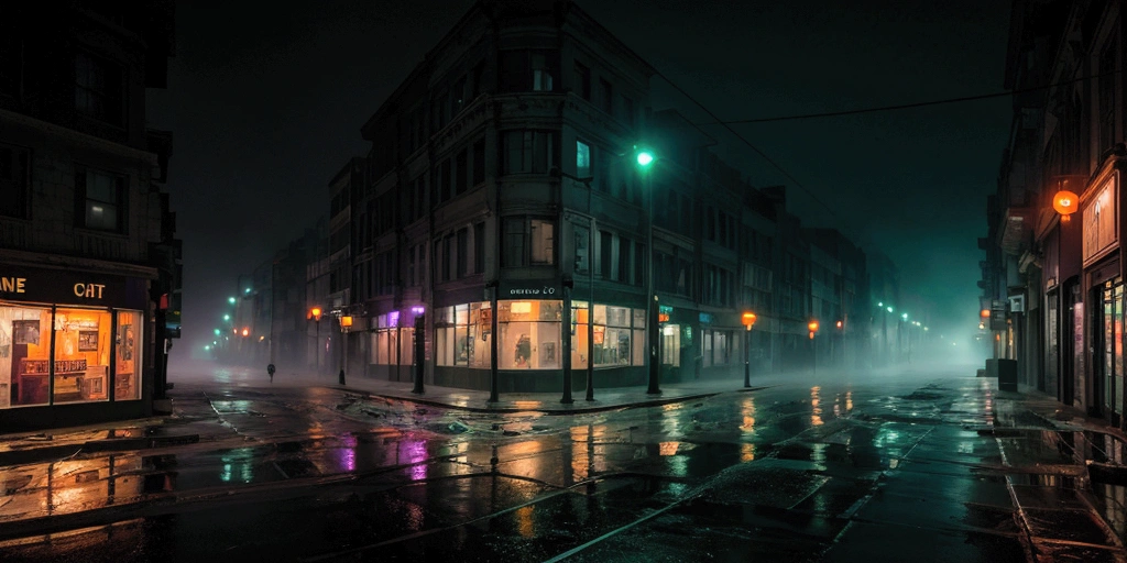 a desolate city street corner with flickering streetlights and empty storefronts, thick fog, wet street reflections, muted dark green, oranges and purples, foreboding mood, midnight