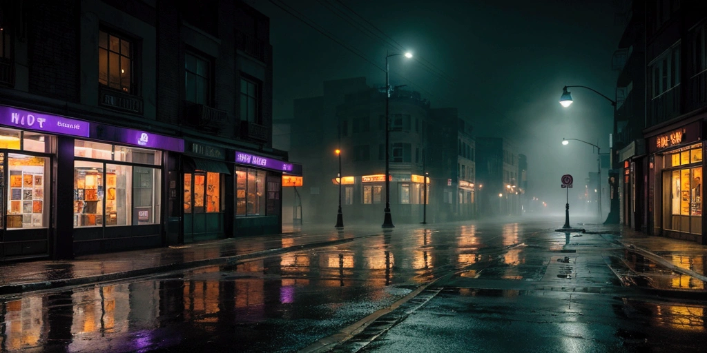 a desolate city street corner with flickering streetlights and empty storefronts, thick fog, wet street reflections, muted dark green, oranges and purples, foreboding mood, midnight