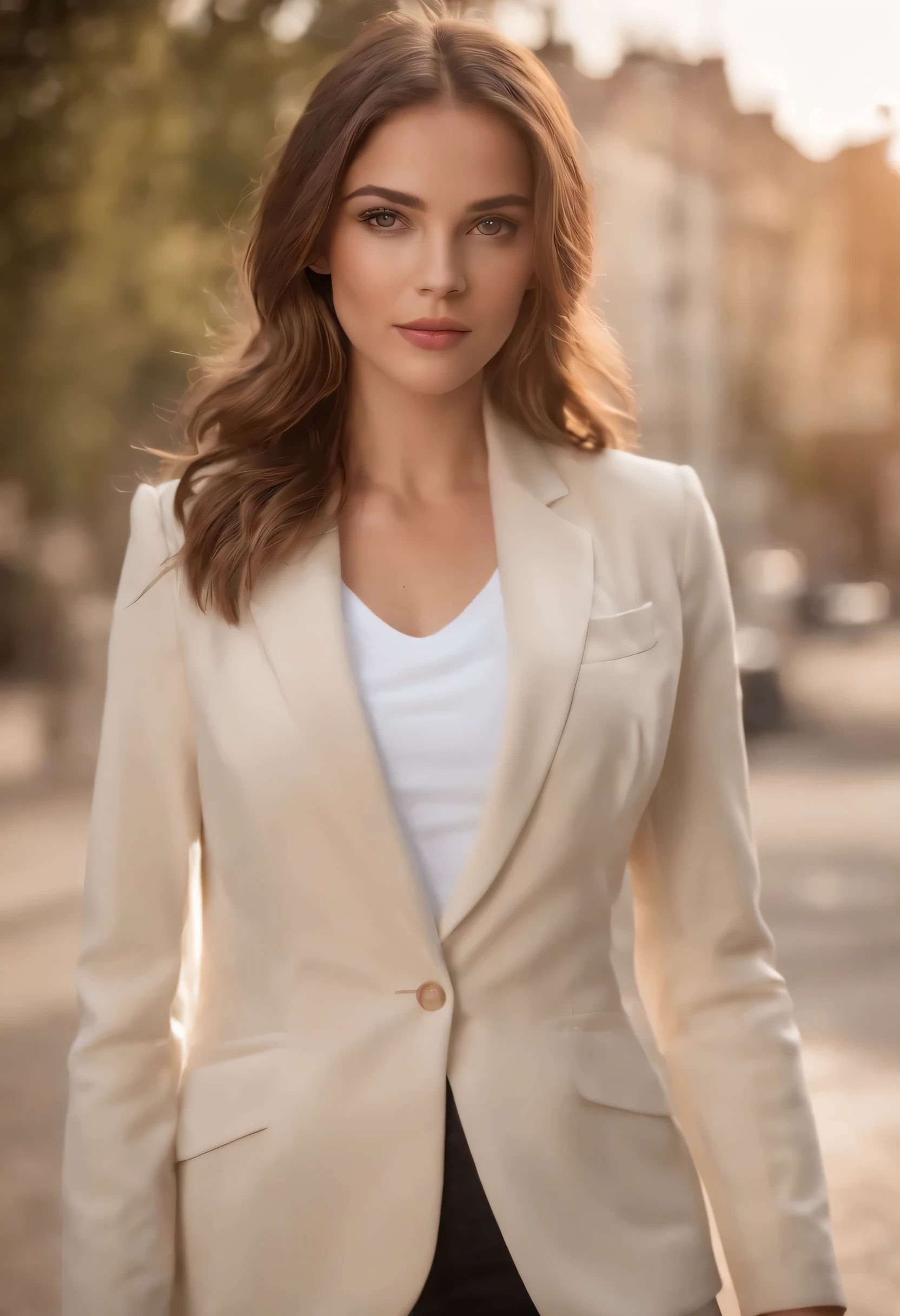 (Beautiful woman wearing tailored blazer without tie), (europeu), attractive appearance, long golden hair, Elegant and stylish, Shaved body in suit, showy body, (High above) Real and high quality image), in the background dark and black and light image, movie style, (the best quality, 8K, Half-naked masterpiece).
