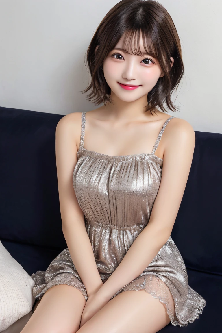 Highest quality、（beautiful）、Super delicate eyes、Brown eyes、22-year-old female、、smile、looking at the camera、Semi-short hair、Gal、fancy mini dresses、Sleep on the sofa