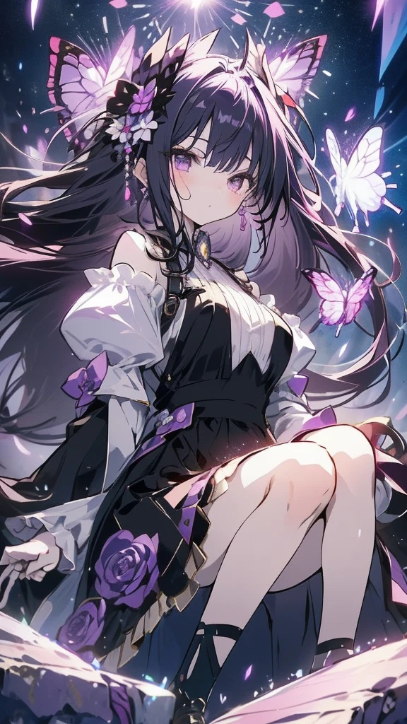 Anime-style female character with long dark and violet hair, wearing a black and purple dress with white puffy sleeves, adorned with purple roses. She has purple eyes, a serious expression, and butterfly-like hair accessories. Several purple butterflies are flying around her, and there are light trails illuminating the dark background.