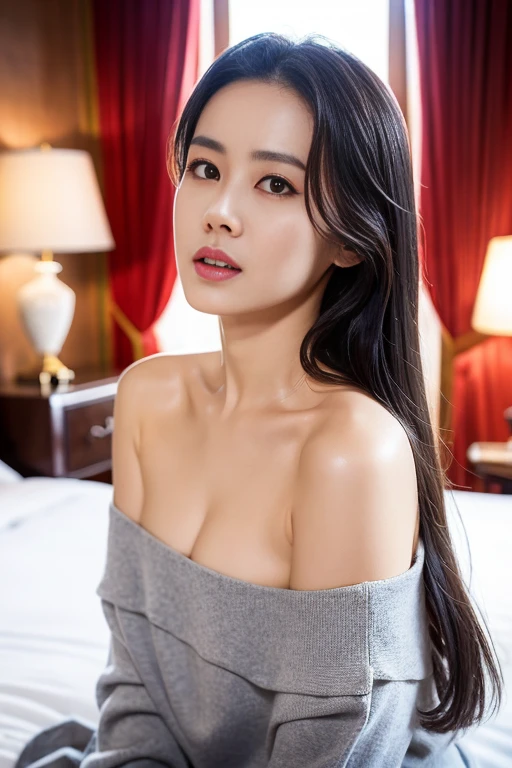 , (Mature body), Solitary,Long gray hair,black hair color, Off-shoulder, black eyes,1 Sister,A sexy pose,best quality,masterpiece,light,Extremely exquisite and beautiful,CG,Unite,8k wallpaper,Astonishing,detailed,masterpiece,Official Art,The content is very detailed Cg Unite 8k wallpaper,Extremely ridiculous,Huge file size,ultra - detailed,high resolution,The content is very detailed,Beautiful and delicate girl,Practical,full,Hotel Room,Light Contrast, Lopez, fully body photo, full, White under underwear