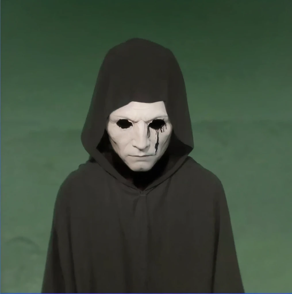a medieval man wearing a black cloak, mask, medieval clothing, white wood mask , dramatic lighting, cinematic, dark fantasy, moody atmosphere, chiaroscuro , white wooden mask , black blood under the eye , black smoke around the eyes