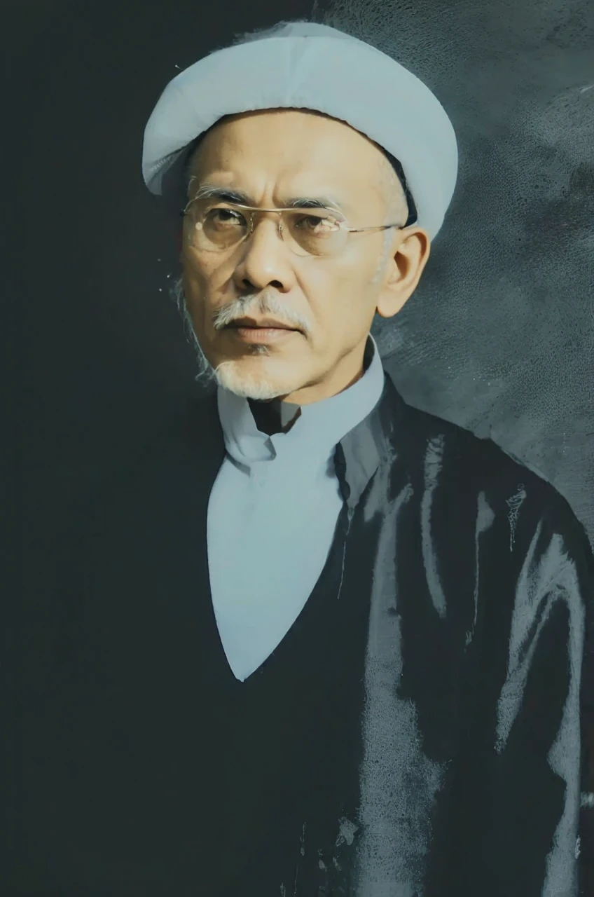 Indonesian Muslim man, wrinkled brown skin, aged 50 years or above, wearing a white head covering, black robe/kurta/jubbas, wearing small transparent glasses, sharp nose, thin lips, not too long beard, clear clean eyes, black eyebrows slightly gray. Very realistic images, ultra HD quality.
