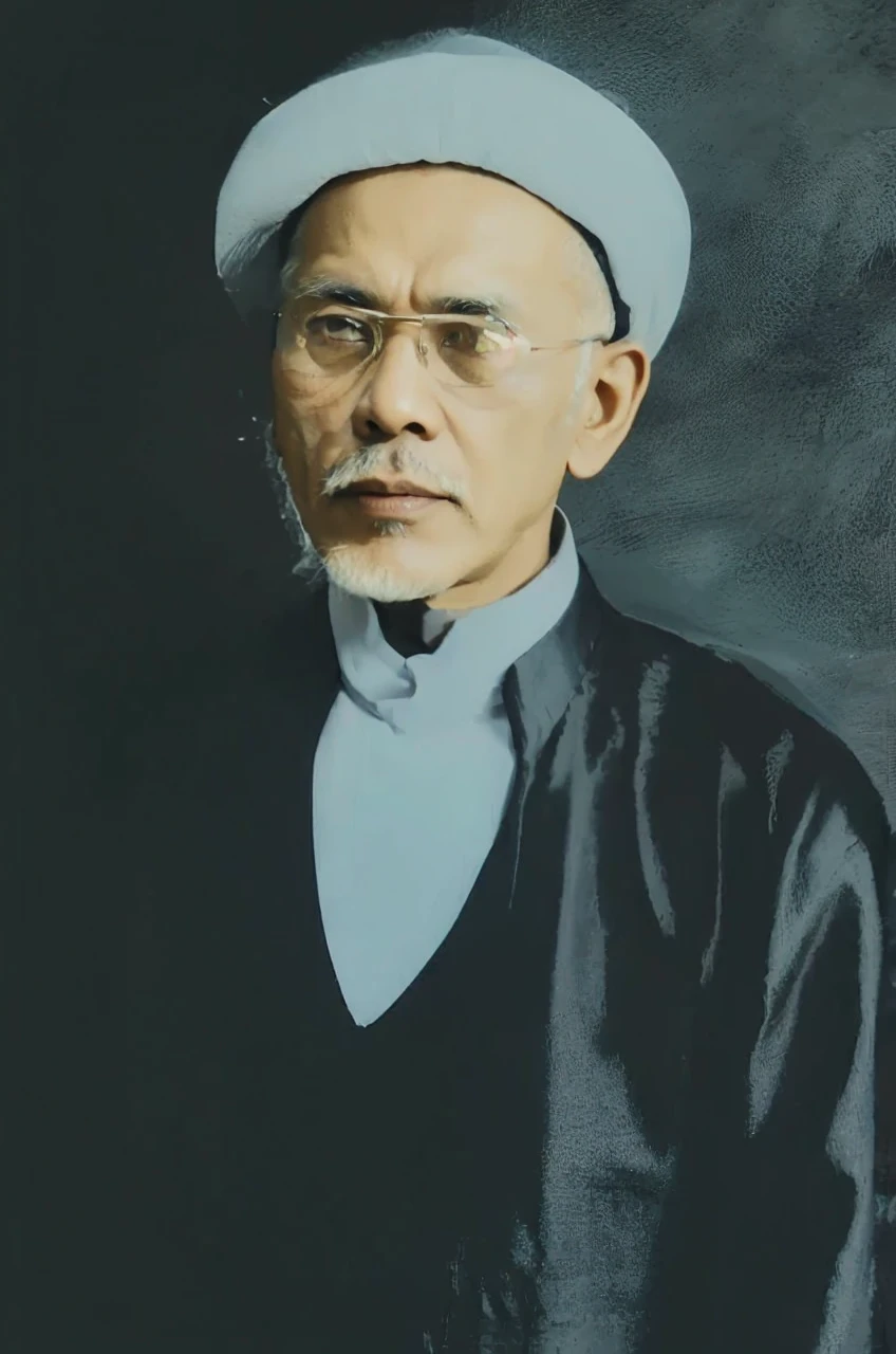 Indonesian Muslim man, wrinkled brown skin, aged 50 years or above, wearing a white head covering, black robe/kurta/jubbas, wearing small transparent glasses, sharp nose, thin lips, not too long beard, clear clean eyes, black eyebrows slightly gray. Very realistic images, ultra HD quality.