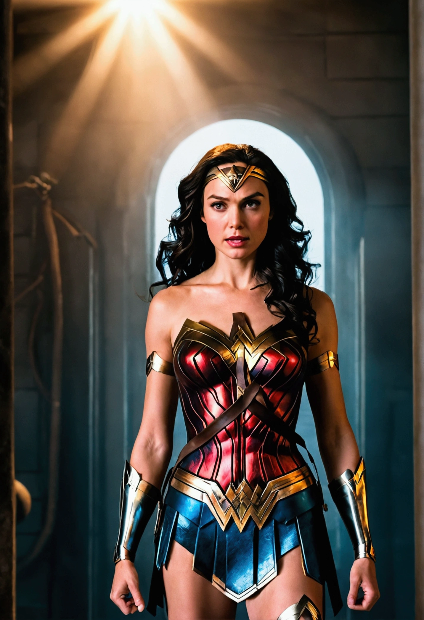 Scène du film, Wonder Woman de DC Gros plan, espace déformé, morts-vivants déformés en arrière-plan, reflets, puits de lumière, Détails complexes, très détaillé, éclairage volumétrique, rendu 4k, photo de stock, Hyper réaliste, textures réalistes, éclairage dramatique, Moteur irréel