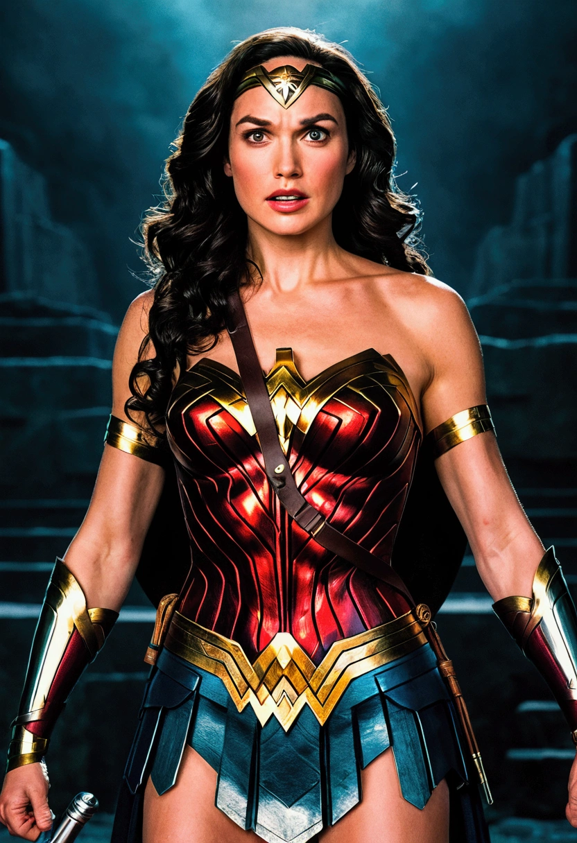 Scène du film, Wonder Woman de DC Gros plan, espace déformé, morts-vivants déformés en arrière-plan, reflets, puits de lumière, Détails complexes, très détaillé, éclairage volumétrique, rendu 4k, photo de stock, Hyper réaliste, textures réalistes, éclairage dramatique, Moteur irréel