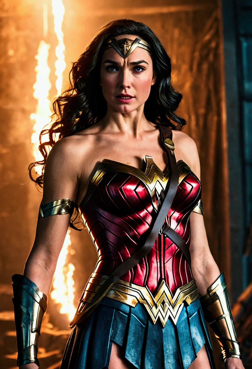 Scène du film, Wonder Woman de DC Gros plan, espace déformé, morts-vivants déformés en arrière-plan, reflets, puits de lumière, Détails complexes, très détaillé, éclairage volumétrique, rendu 4k, photo de stock, Hyper réaliste, textures réalistes, éclairage dramatique, Moteur irréel