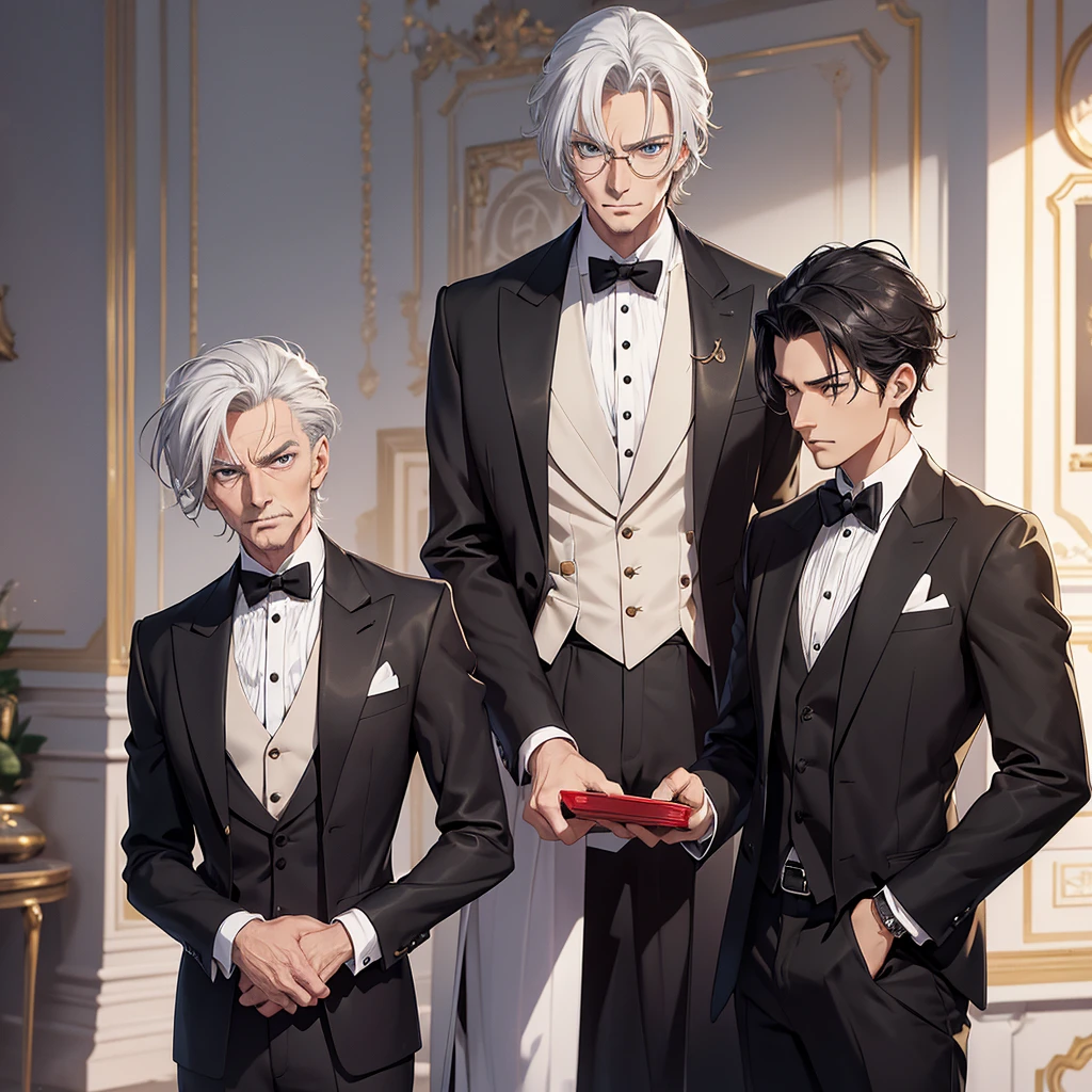 (anime),(Alone in the picture:1.5),imaginea 60-year-old male butler, tall and elegant, 1.86m tall. His posture is impeccable and his face denotes experience and wisdom. He has neatly combed gray hair and a short, well-groomed mustache. His eyes are blue and piercing, with striking expression lines around them that tell stories of years of faithful service. Use a hyper realistic look in this graphic design. The butler wears a traditional black suit, with red ties and gold buttons. His shirt is white and impeccable, with long sleeves and pleats. Tight pants and black leather gloves complete the sophisticated look. Add details to your expression, such as subtle wrinkles on your nose and forehead, showing your cunning and sagacious personality.