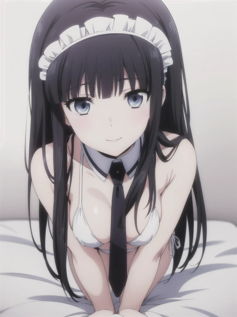 solo, 1girl, looking at viewer, 2D, anime, anime coloring, full body, (solid white background:1.3), miyuki shiba, maid bikini, porn, necktie, looking at viewer, smile,bed room,sleep position, kiss me