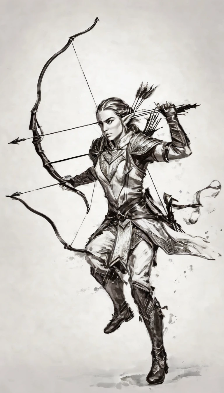 plano general, whole body, Bloom, monochrome, ink sketch,((1 elf alone, Bow and arrows, strong and robust, elf clothes, dynamic pose:1.5)), fighting stance, looking at the viewer, Scales, (abstract ink splash:1.2), White background