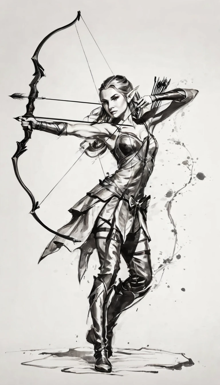 plano general, whole body, Bloom, monochrome, ink sketch,((1 elf alone, Bow and arrows, strong and robust, elf clothes, dynamic pose:1.5)), fighting stance, looking at the viewer, Scales, (abstract ink splash:1.2), White background