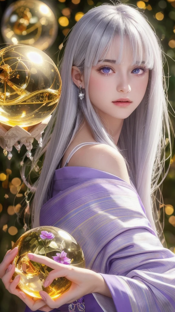 (masterpiece:1.3), (8k, photorealistic, raw photo, highest quality:1.4), (one girl), beautiful face, (realistic face), (long hair), (silver hair, near white hair, shiny hair, beautiful straight hair), (even bangs), (sharp bangs), straight hairstyle, realistic eyes, beautiful detailed eyes (purple eyes), (sharp eyes), (realistic skin), beautiful skin, (kimono), (magician's kimono), (flower hair ornament), attractive, ultra high resolution, ultra realistic, highly detailed, golden ratio, colorful background, (flowers blooming), (energy dancing background), magician, facing forward, facing from shoulders, looking straight ahead, both shoulders facing towards you, holding crystal ball, (heart crystal ball, love crystal ball).
