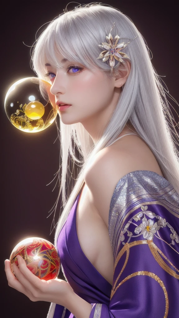 (masterpiece:1.3), (8k, photorealistic, raw photo, highest quality:1.4), (one girl), beautiful face, (realistic face), (long hair), (silver hair, near white hair, shiny hair, beautiful straight hair), (even bangs), (sharp bangs), straight hairstyle, realistic eyes, beautiful detailed eyes (purple eyes), (sharp eyes), (realistic skin), beautiful skin, (kimono), (magician's kimono), (flower hair ornament), attractive, ultra high resolution, ultra realistic, highly detailed, golden ratio, colorful background, (flowers blooming), (energy dancing background), magician, facing forward, facing from shoulders, looking straight ahead, both shoulders facing towards you, holding crystal ball, (heart crystal ball, love crystal ball).