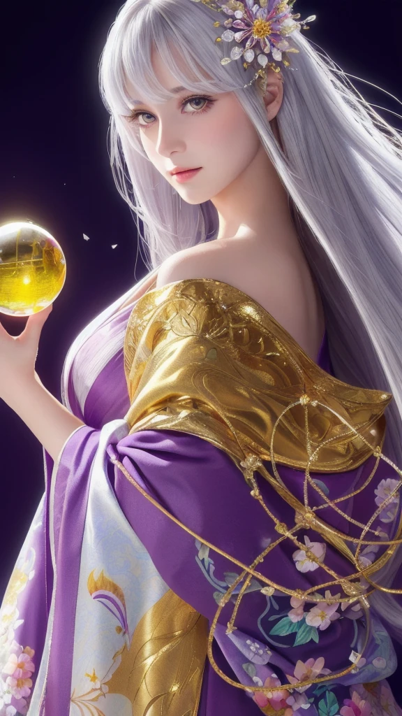 (masterpiece:1.3), (8k, photorealistic, raw photo, highest quality:1.4), (one girl), beautiful face, (realistic face), (long hair), (silver hair, near white hair, shiny hair, beautiful straight hair), (even bangs), (sharp bangs), straight hairstyle, realistic eyes, beautiful detailed eyes (purple eyes), (sharp eyes), (realistic skin), beautiful skin, (kimono), (magician's kimono), (flower hair ornament), attractive, ultra high resolution, ultra realistic, highly detailed, golden ratio, colorful background, (flowers blooming), (energy dancing background), magician, facing forward, facing from shoulders, looking straight ahead, both shoulders facing towards you, holding crystal ball, (heart crystal ball, love crystal ball).