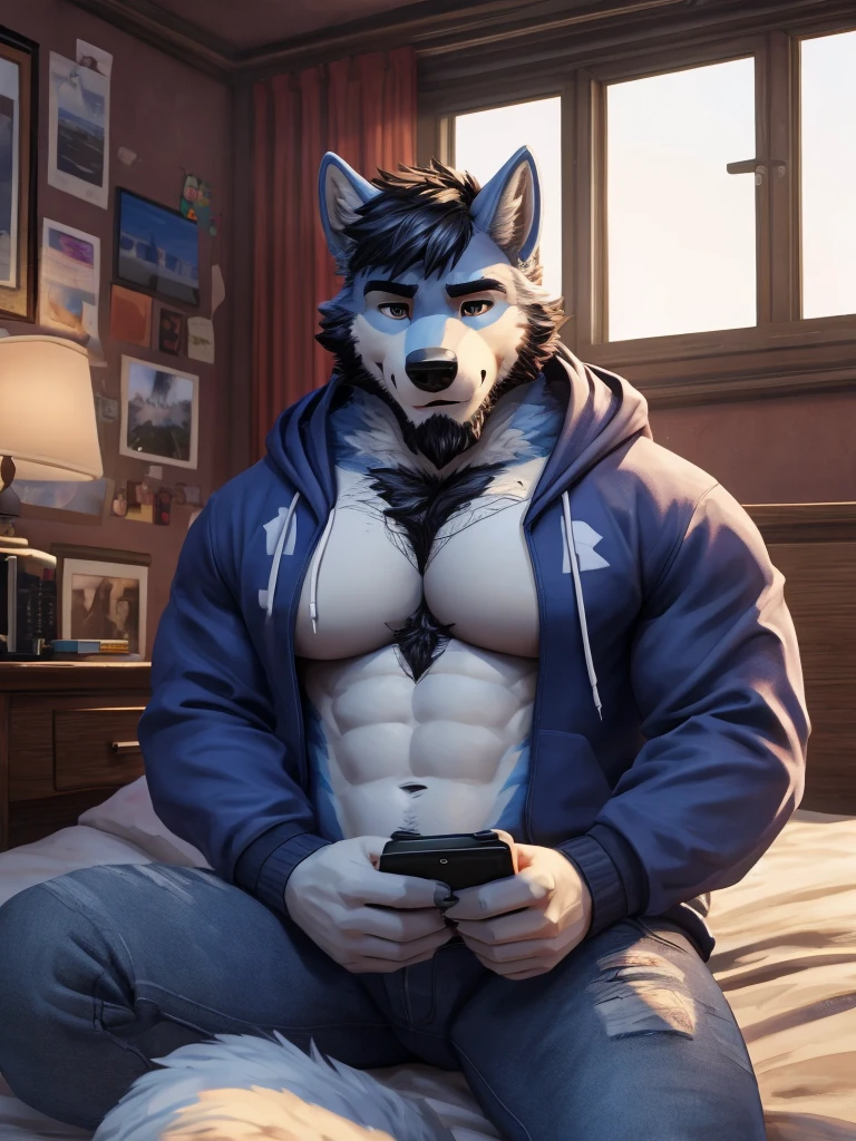 ((best quality)), ((masterpiece)), (Ultra detailed), ((4k)) , Solo , Anthro Wolf , Light Blue Fur , Black Short Hair , Short Beard , Handsone , Middle Ages , Big Pecs chest , Playing Game , Headphone  , Bedroom , Sit In Bed , Sweatshirt , Jean pants , No Expose Body