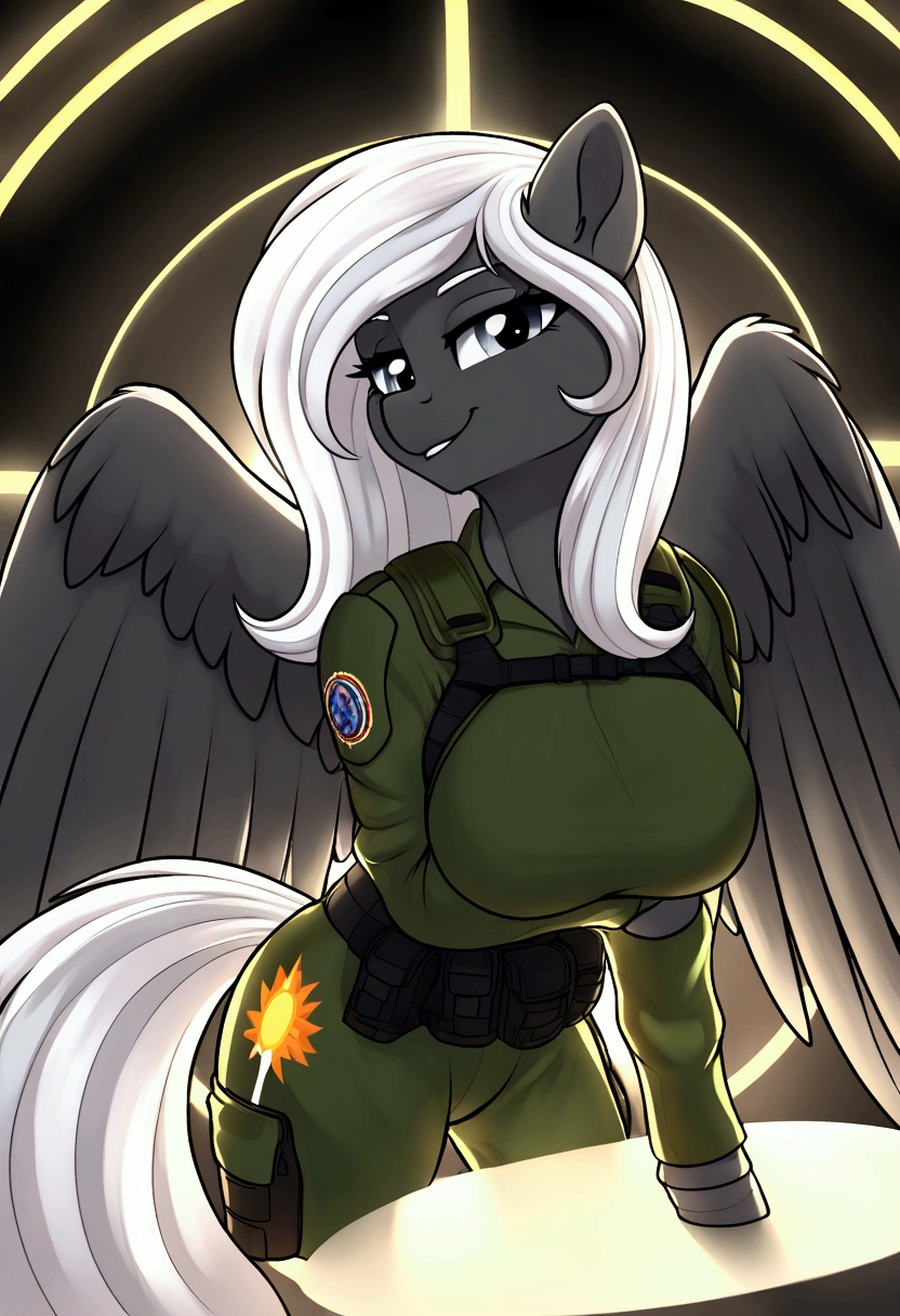 Alicorn princess, white mane,black sclera ,black body color  long flowing  mane pink eyes anthro huge breasts army outfit ,sniper rifle 