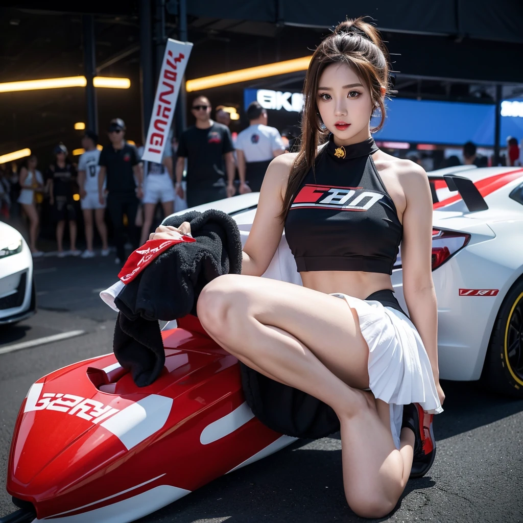 Cool woman、Colorful costumes、F1 Driver Cosplay、Colorful costumes、Clothing with company logo、Grid Girlsのカラフルで派手な衣装、Grid Girls、Perfect Face、Paddock Girls、Harem、motor Show、tights、Bodycon Costumes、Grid Girls、Russia、Grid Girlsのコスプレ、belly button、Pleated skirt、Bodycon Costumes、Photographed in a sexy pose