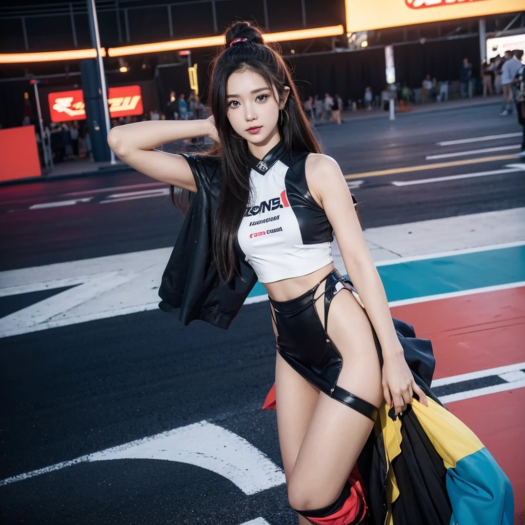 Cool woman、Colorful costumes、F1 Driver Cosplay、Colorful costumes、Clothing with company logo、Grid Girlsのカラフルで派手な衣装、Grid Girls、Perfect Face、Paddock Girls、Harem、motor Show、tights、Bodycon Costumes、Grid Girls、Russia、Grid Girlsのコスプレ、belly button、Pleated skirt、Bodycon Costumes、Photographed in a sexy pose