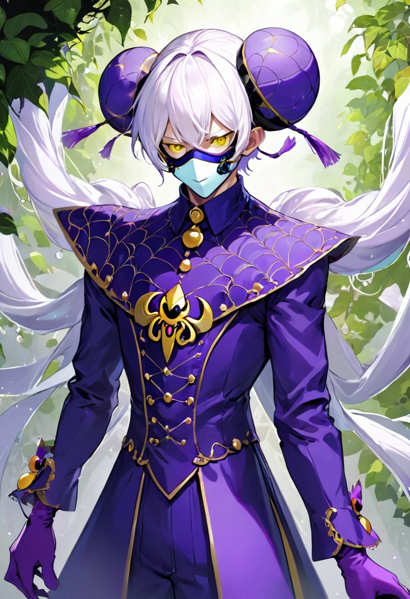 a very tall and white man, he is wearing an old French purple costume, he has six arms and wears yellow gloves on each of his six hands, he wears a purple wig with bangs and two buns and a white mask with red dots around the eyes that covers your entire face. He has a blue right eye and is blind in the left eye, he hangs from a green spider's web as if he were dancing, he is a strange and hideous yet strangely attractive monster.