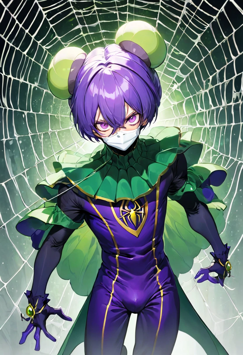 a very tall and white man, he is wearing an old French purple costume, he has six arms and wears yellow gloves on each of his six hands, he wears a purple wig with bangs and two buns and a white mask with red dots around the eyes that covers your entire face. He has a blue right eye and is blind in the left eye, he hangs from a green spider's web as if he were dancing, he is a strange and hideous yet strangely attractive monster.