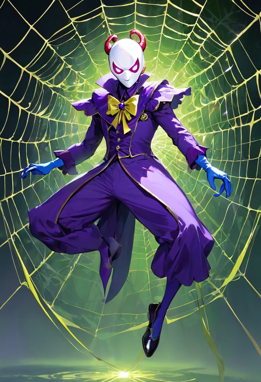 a very tall and white man, he is wearing an old French purple costume, he has six arms and wears yellow gloves on each of his six hands, he wears a purple wig with bangs and two buns and a white mask with red dots around the eyes that covers your entire face. He has a blue right eye and is blind in the left eye, he hangs from a green spider's web as if he were dancing, he is a strange and hideous yet strangely attractive monster.