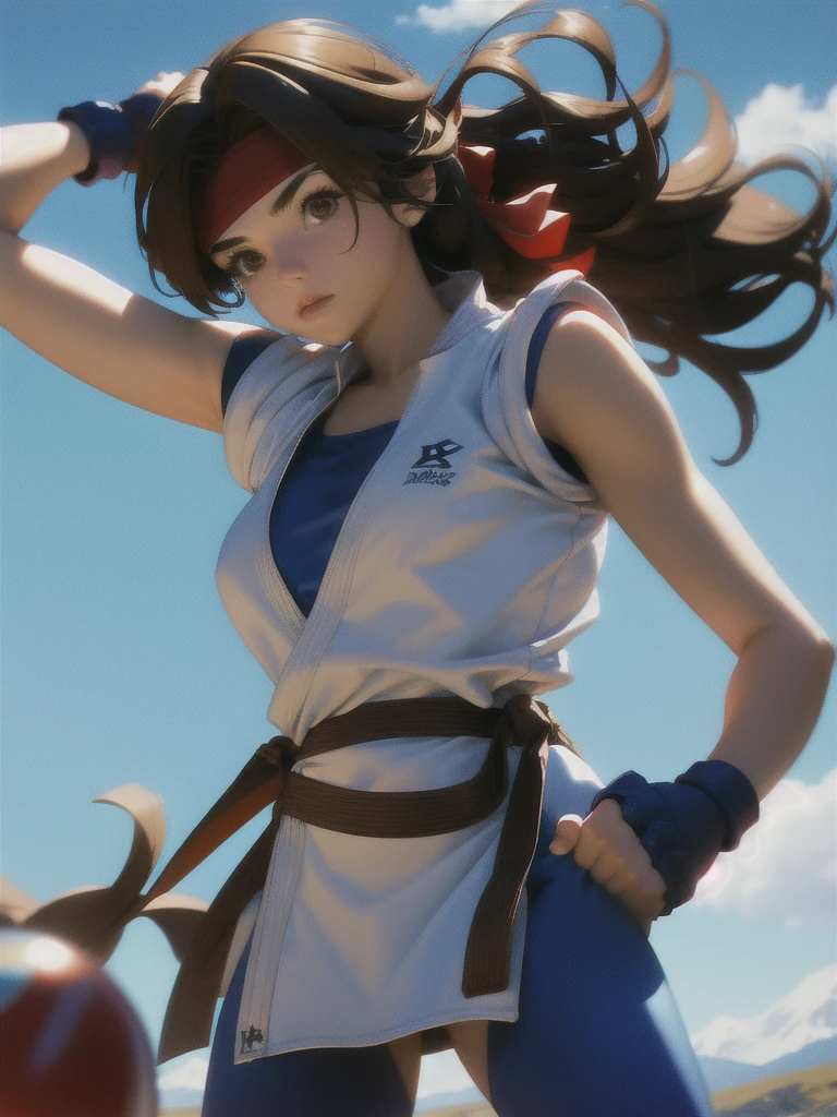 20-year-old woman, alone, athletic, brown hair tied in a braid, wears a red bandana on her forehead, wears blue fingerless gloves, wears blue gloves, high resolution, perfect image, very detailed, high contrast, colors digital, simple, medium shot, cinematic, ultra sharp focus, Award-winning photography, perfect contrast, high sharpness, depth of field, ultra detailed photography. global illumination, fluid, ultra high definition, 8k, Unreal Engine 5, ultra sharp focus, award-winning photography, Art Season Trends,
