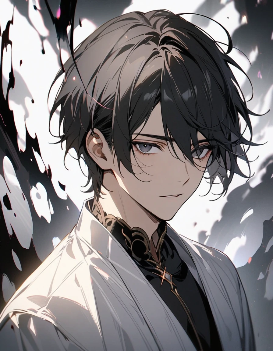 Man, short hair, black hair, black eyes, glowings eyes, black aura, white aura, handsome, high quality,