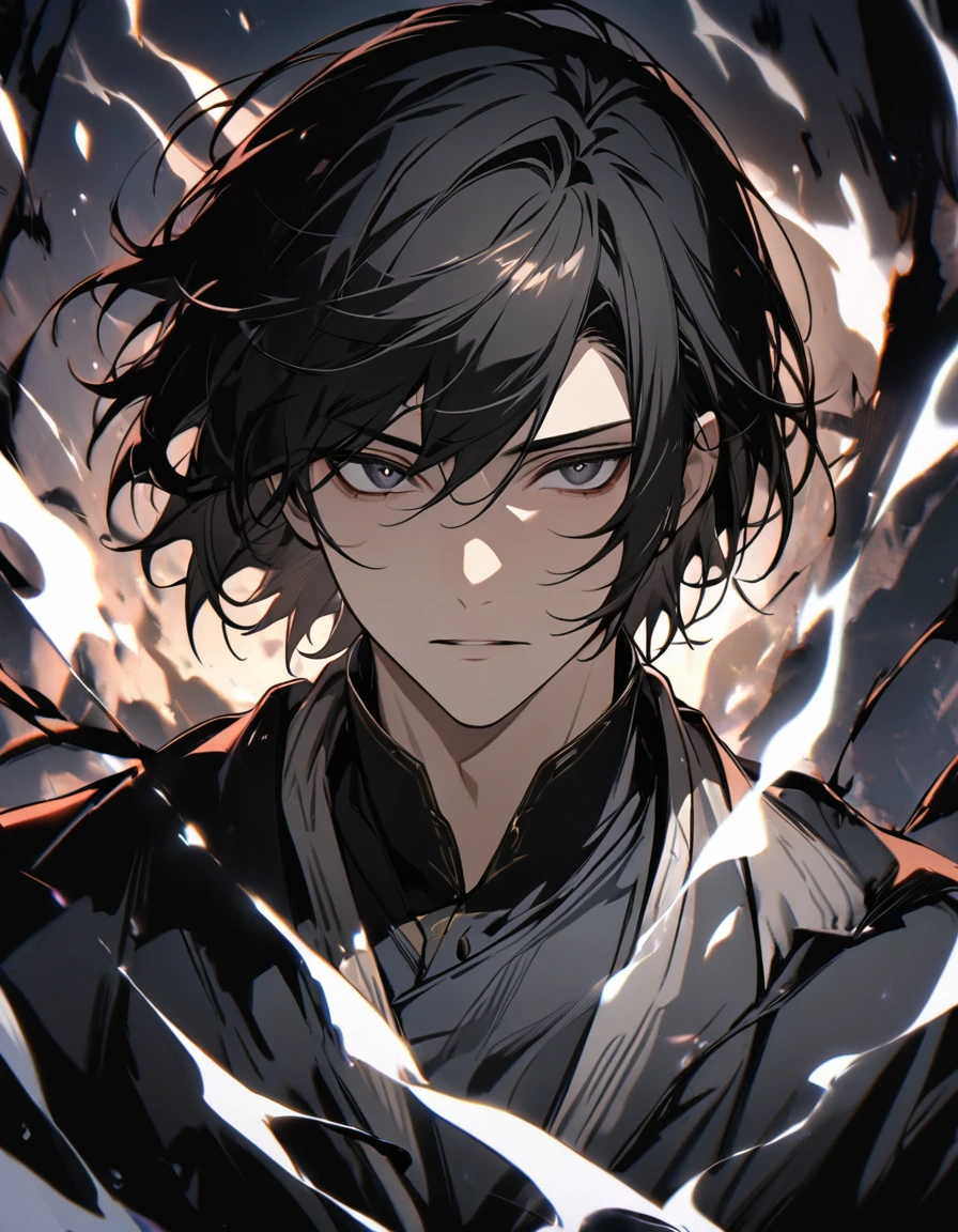 Man, short hair, black hair, black eyes, glowings eyes, black aura, white aura, handsome, high quality,