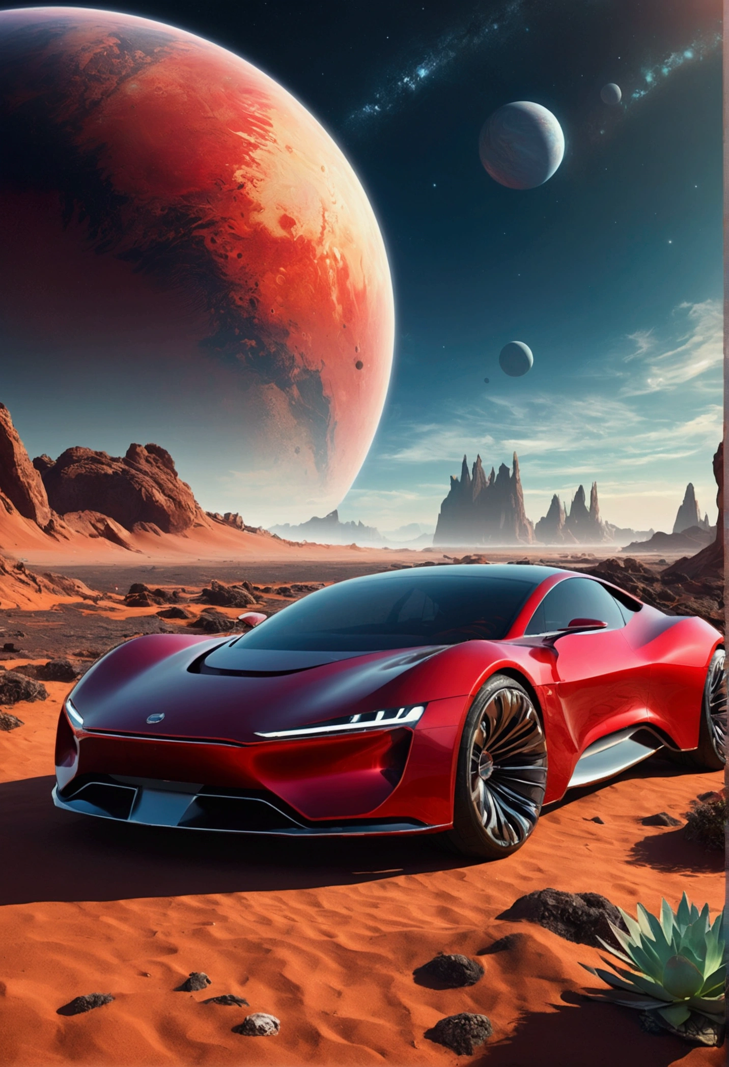 a space art Galactic Landscape, shoreline, sky with big red planet , conceptual artwork, vector, high qualiy, Viewing great details, engine unreal, octane rendering, Ultra high qualiy, ultra-high resolution, surreal, Color Correct, Good Lighting Settings, good composition, sharp edges, harmonious composition, ultra precise, master part, award-winning work, defined plants, perfect composition, well-defined circular planet, futuristic concept car in front of the landscape.