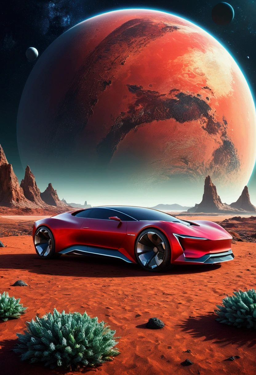 a space art Galactic Landscape, shoreline, sky with big red planet , conceptual artwork, vector, high qualiy, Viewing great details, engine unreal, octane rendering, Ultra high qualiy, ultra-high resolution, surreal, Color Correct, Good Lighting Settings, good composition, sharp edges, harmonious composition, ultra precise, master part, award-winning work, defined plants, perfect composition, well-defined circular planet, futuristic concept car in front of the landscape.