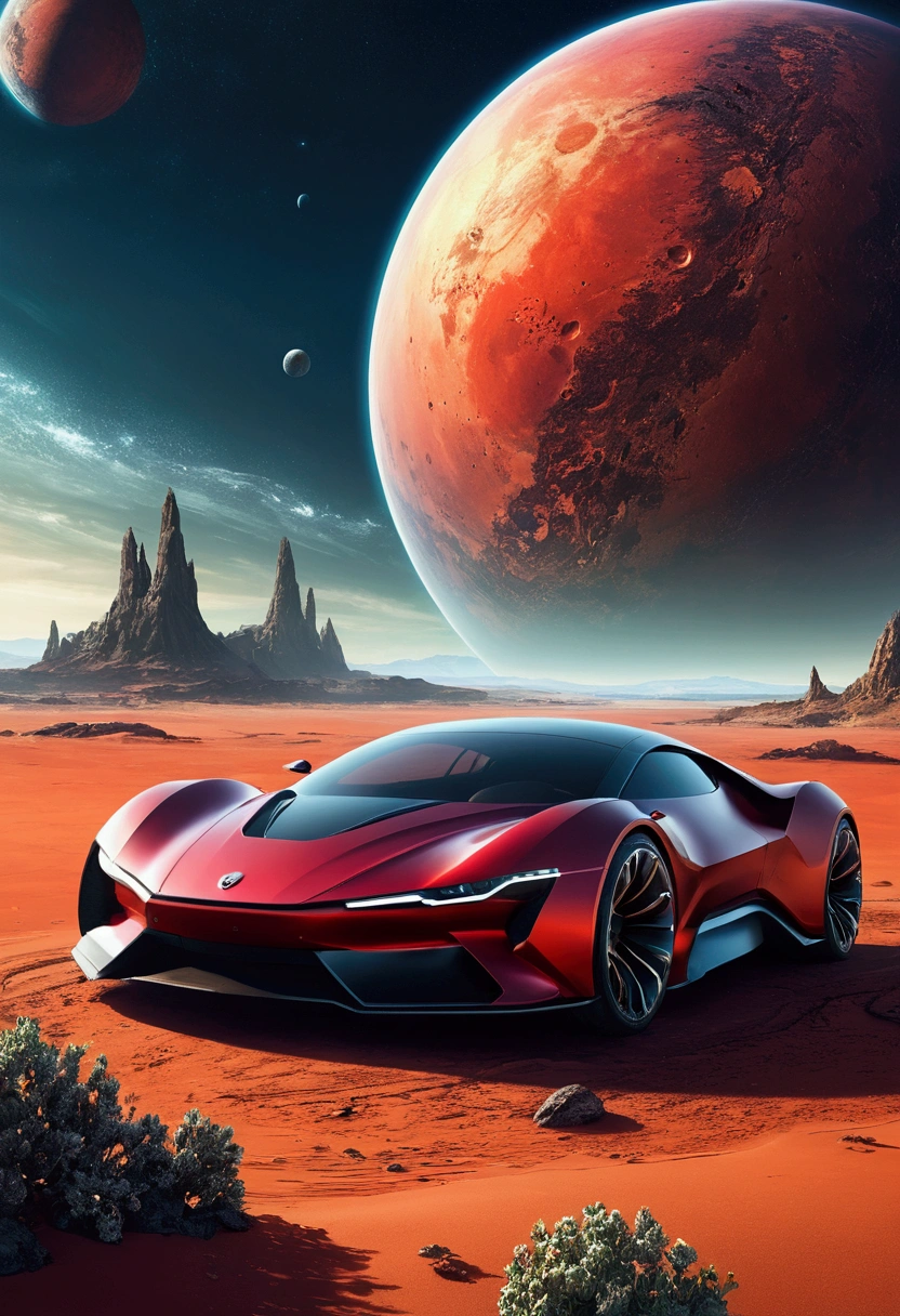 a space art Galactic Landscape, shoreline, sky with big red planet , conceptual artwork, vector, high qualiy, Viewing great details, engine unreal, octane rendering, Ultra high qualiy, ultra-high resolution, surreal, Color Correct, Good Lighting Settings, good composition, sharp edges, harmonious composition, ultra precise, master part, award-winning work, defined plants, perfect composition, well-defined circular planet, futuristic concept car in front of the landscape.