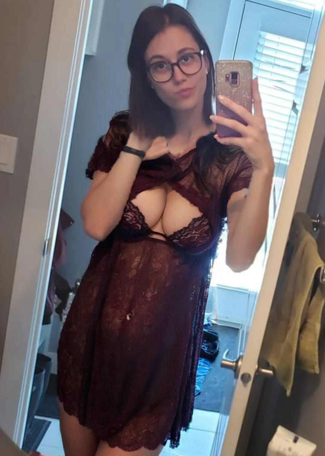Brunette girl selfie, naked:4.0, (hanging_breasts), (hairy_pussy), perfect body