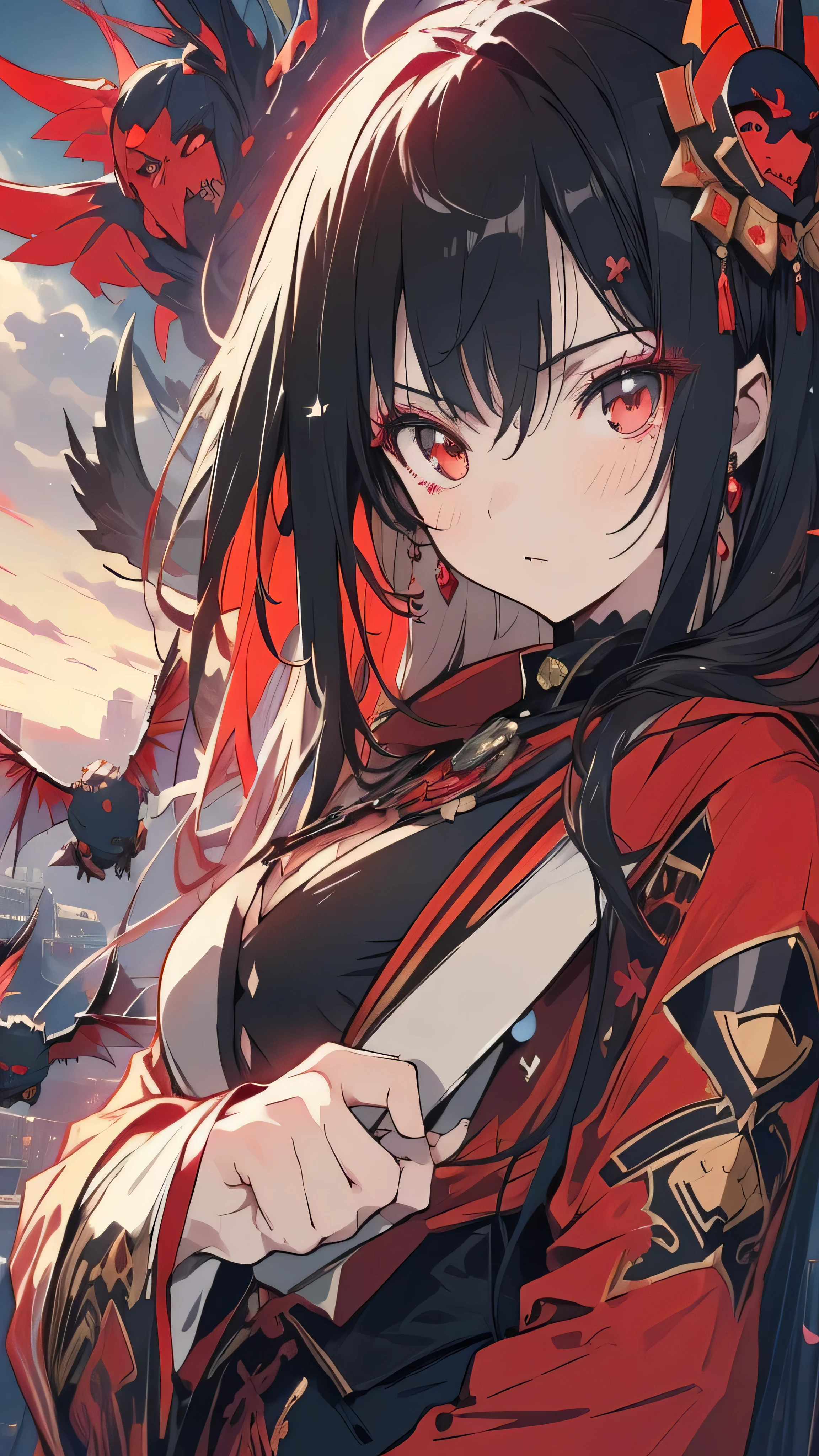 Anime-style female character with long black hair and red highlights, wearing a black and red gothic dress adorned with lace and intricate patterns. She has heterochromatic eyes, one red and one blue. She poses with one hand near her face, against a backdrop featuring a moody sky and flying bats.            ((masterpiece)), ((best quality)), ((highly detailed)),