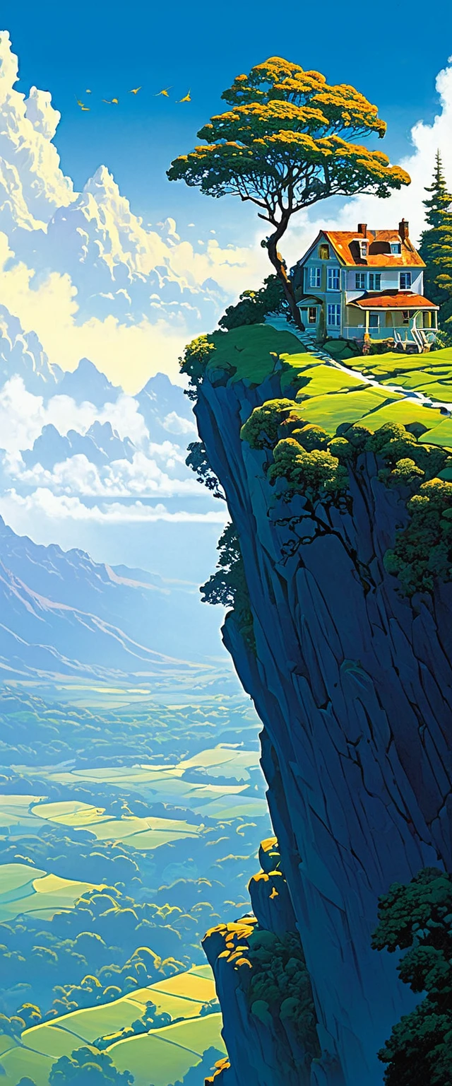 painting of a house with a tree on a cliff above the clouds, Kilian Eng y Thomas Kinkade, Rob Gonsalves y Tim White., silvain sarriel, Rhads y Thomas Kinkade, inspired by RHADS, Cyril Rolando and M.w kalut, Cyril Rolando and M. w kalut, rhads!!!