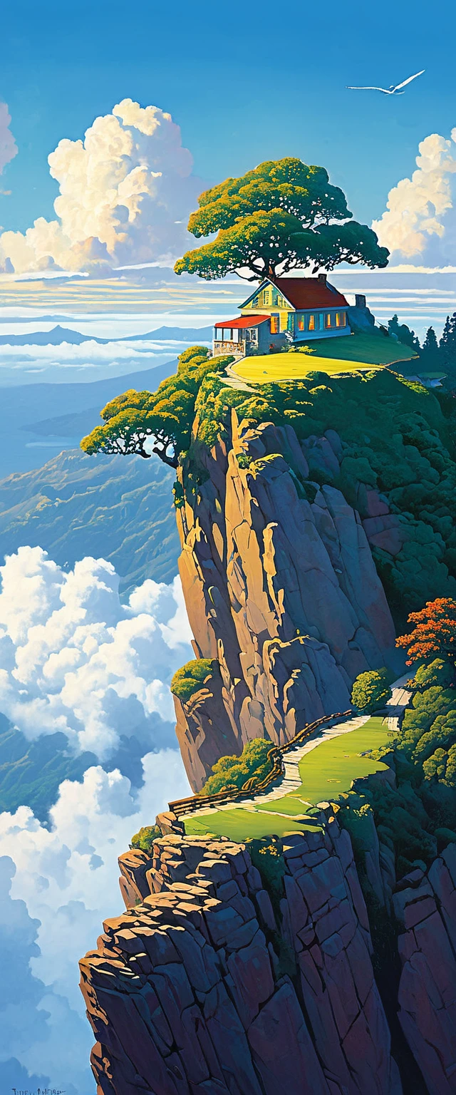 painting of a house with a tree on a cliff above the clouds, Kilian Eng y Thomas Kinkade, Rob Gonsalves y Tim White., silvain sarriel, Rhads y Thomas Kinkade, inspired by RHADS, Cyril Rolando and M.w kalut, Cyril Rolando and M. w kalut, rhads!!!