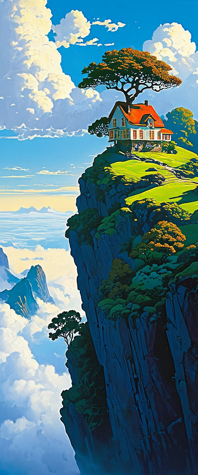 painting of a house with a tree on a cliff above the clouds, Kilian Eng y Thomas Kinkade, Rob Gonsalves y Tim White., silvain sarriel, Rhads y Thomas Kinkade, inspired by RHADS, Cyril Rolando and M.w kalut, Cyril Rolando and M. w kalut, rhads!!!