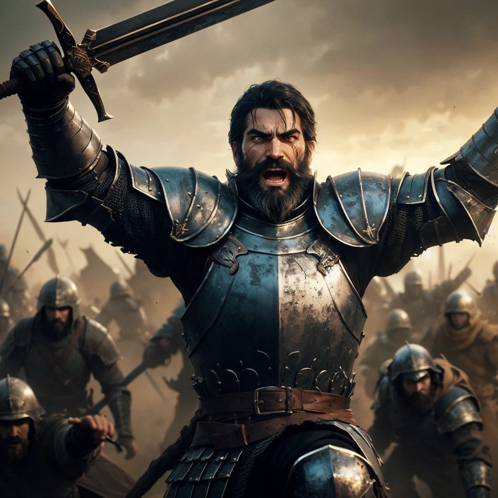 Describe the scene of a man with a medium black beard and short black hair, round face, wearing imposing medieval armor. He is in the center of the battlefield, raising his gleaming sword triumphantly as his adversaries retreat in disarray around him. The expression on his face is one of exultation and determination., eyes shining with imminent victory. Ao fundo, some enemy soldiers are on the run, while others surrender their weapons, indicating that the battle is being won. The sky above is clear now, contrasting with the recent chaos, and the sun begins to shine over the battlefield, symbolizing the end of the struggle and the achievement of triumph.