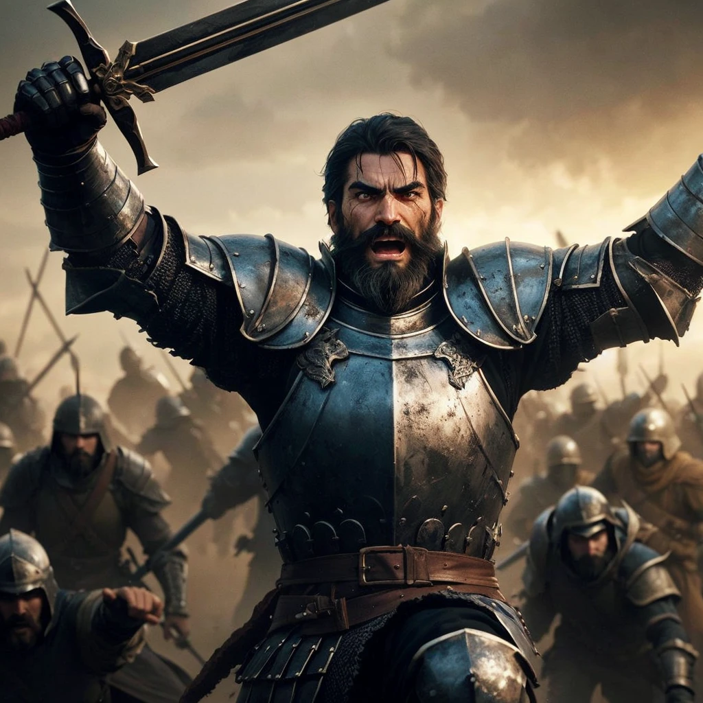 Describe the scene of a man with a medium black beard and short black hair, round face, wearing imposing medieval armor. He is in the center of the battlefield, raising his gleaming sword triumphantly as his adversaries retreat in disarray around him. The expression on his face is one of exultation and determination., eyes shining with imminent victory. Ao fundo, some enemy soldiers are on the run, while others surrender their weapons, indicating that the battle is being won. The sky above is clear now, contrasting with the recent chaos, and the sun begins to shine over the battlefield, symbolizing the end of the struggle and the achievement of triumph.