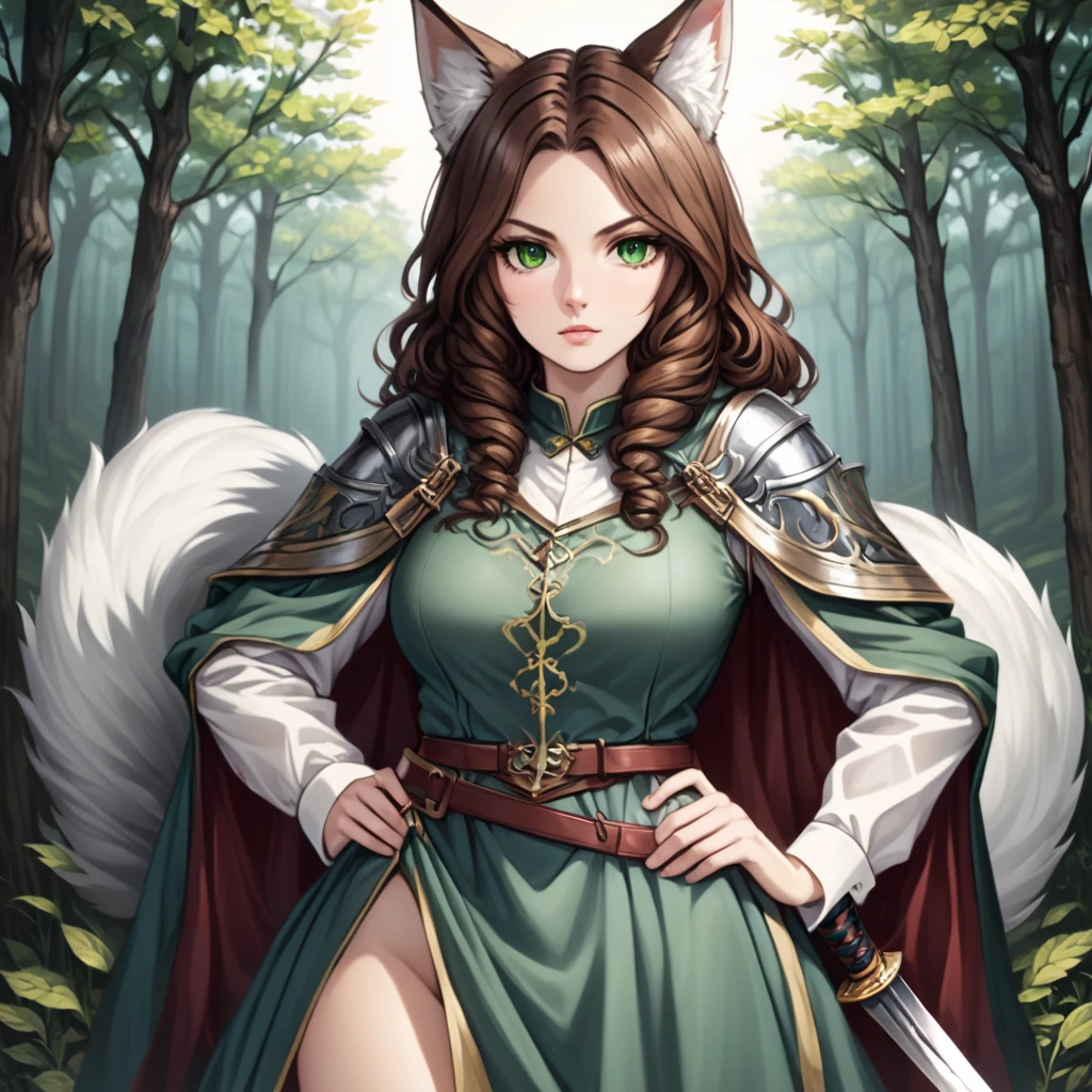 Woman with large brown hair, greenish eyes, white wolf ears and tail, medieval skirt, sword at the side of her waist